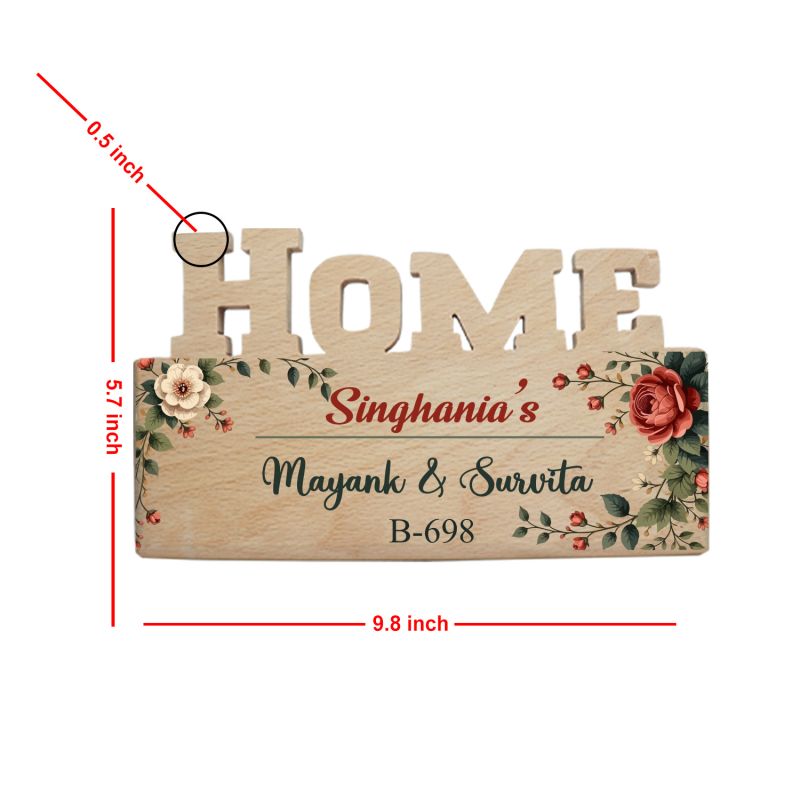 Personalized Wooden Home Name Plate with Floral Theme for Main Door | Custom With Name & House Number | Welcome Sign for Door, Flat, New Home & Housewarming Gift